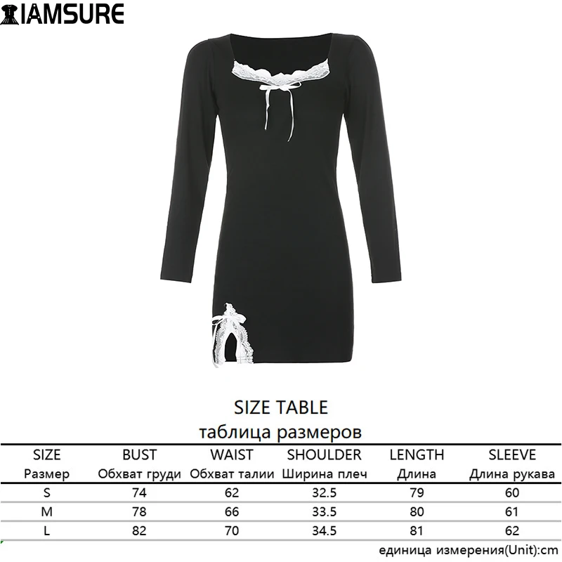 

IAMSURE Slim Lace Square Collar Mini Dress With Slit 2021 Fashion Elegant Lady Long Sleeve Cotton Dresses Casual Streetwear 90S