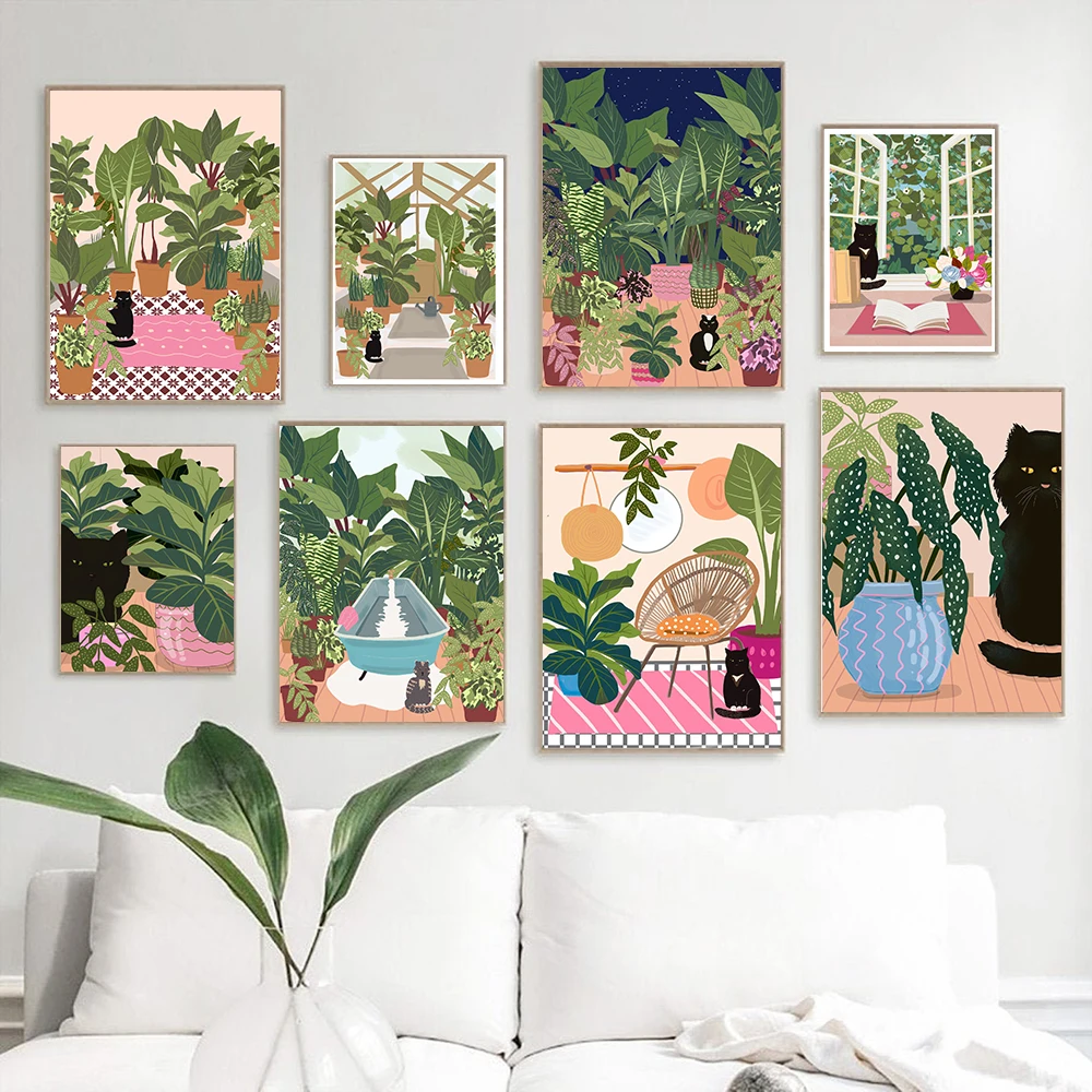 

Black Cat and Plants Posters Nordic Wall Art Cat Lover Canvas Painting Outdoor Bath Print Funny Pictures For Bathroom Home Decor