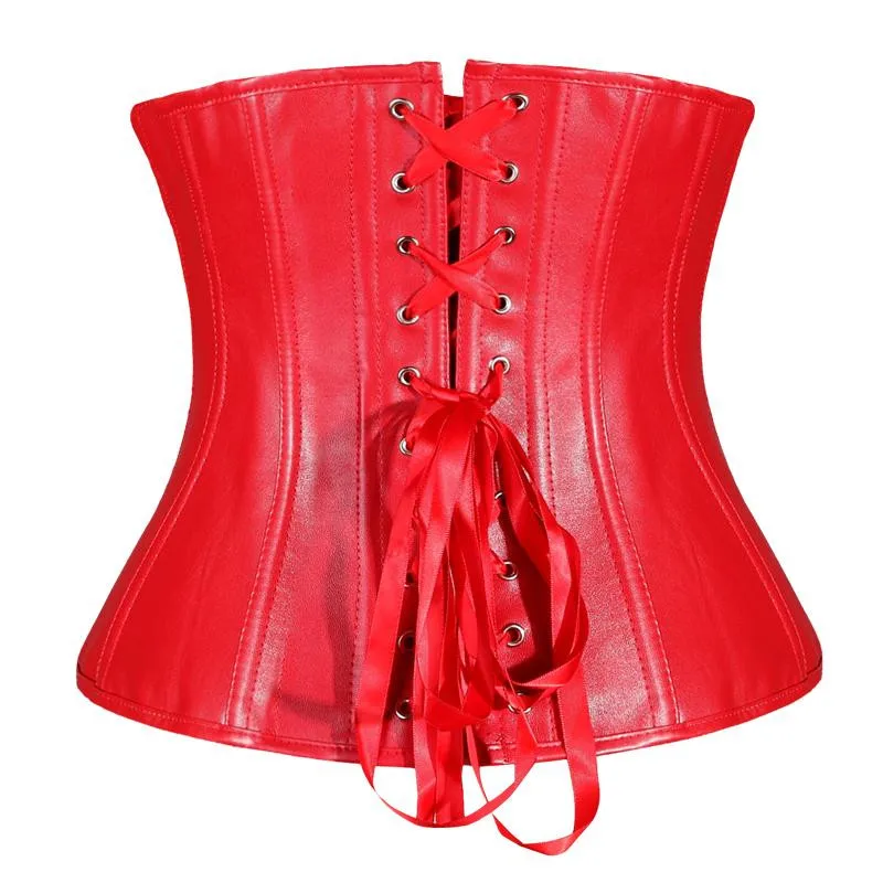 S-6XL Hot Sexy Women Strapless Corselet Black Red Lace up Back Corset Faux Leather Overbust Zipper Bustier Top Shaper Plus Size