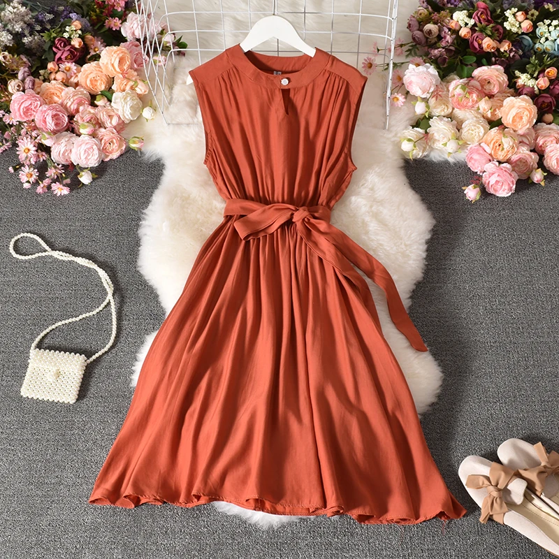 

Boho One Button O Neck Solid Color Dress Korean Preppy Sleeveless A Line Pleated Mid-calf Dresses Women Casual Vest Party Dress