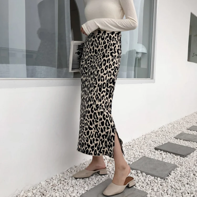 

2020 New Autumn And Winter Wonmen Skirts Long Slit Hair Knit Leopard Skirts Female High Waist Knit Skirts