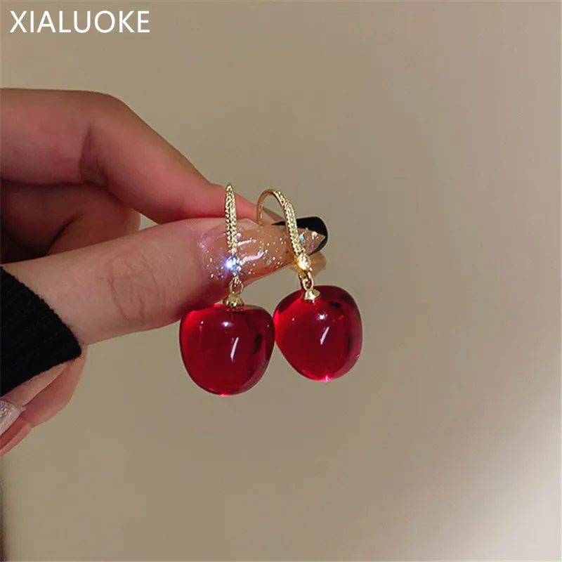 

Женские серьги-подвески XIALUOKE, роскошные элегантные серьги-подвески с крючками в виде красных вишен и фруктов, стразы