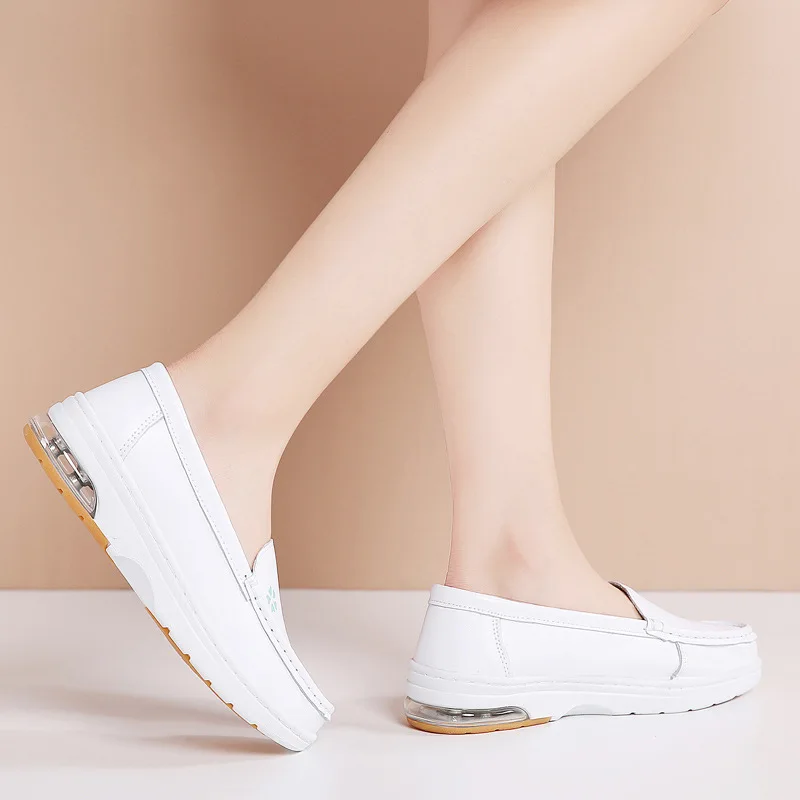 Real Leather New Nurse Shoes White Women Work Wedge Flats Attendance Doctor Comfortable Soft Cushion Anti-Slip Hospital Standing