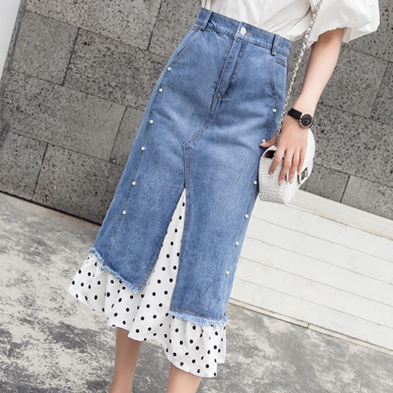 

Summer High Waist Fishtail Skirts Women A-line Split Wave Dot Point Ruffled Female White Lace Denim Patchwork Stitching Skirt