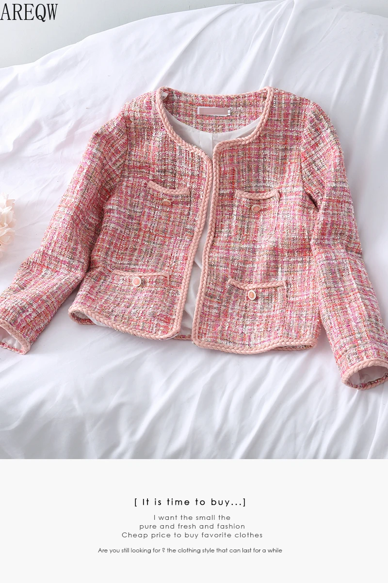 Французский стиль куртка женская 2019 осень ретро Твид Розовый Пальто и куртки