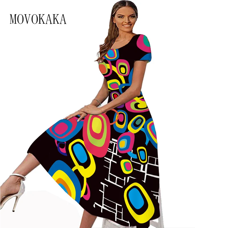

MOVOKAKA Spring Summer Black Dress Women Beach Casual Holiday Square Collar Short Sleeved Print Dress Party Long Dresses Elegant