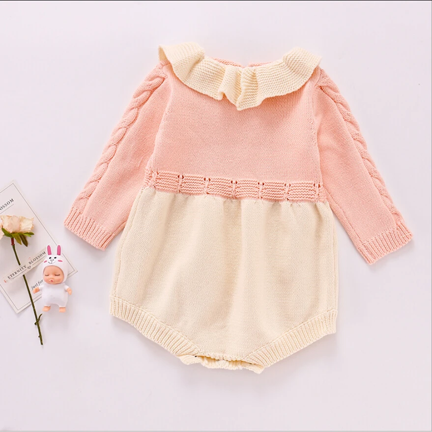 

Newborn Toddler Girls Knitted Sweater Romper Long Sleeve Ruffle Neck Winter Princess Style One Piece Jumpsuit