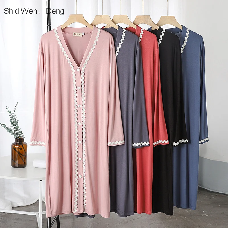 

2021 New Spring Summer Cotton Nightgown Women Nightdress Sleepwear Long Sleeve Night Midi Dress Female Nighties Nightwear