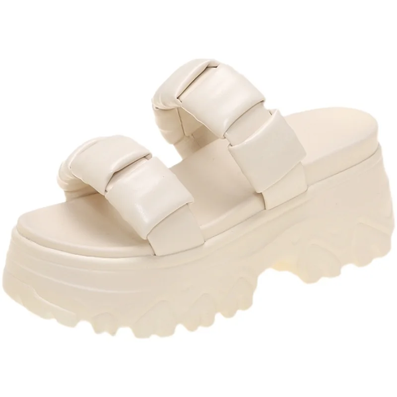 

Flat Shoes Female Slippers Casual Women Heels Slides Platform Pantofle On A Wedge Increased Internal Luxury High 2021 Soft Bonde