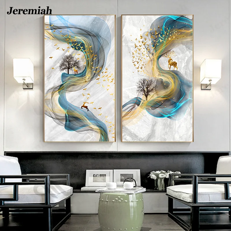 

Home Living Room Decoration Painting Abstract Tree Deer Blue Yellow Poster HD Nordic Modern Abstract Landscape Canvas Wall Paint