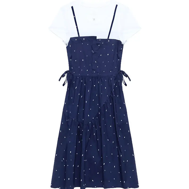 

2021 Summer Fake Two Dress Women Casual Short Sleeve Patchwork Dot Dresses Ladies Plus Size Drawstring Clothes Female