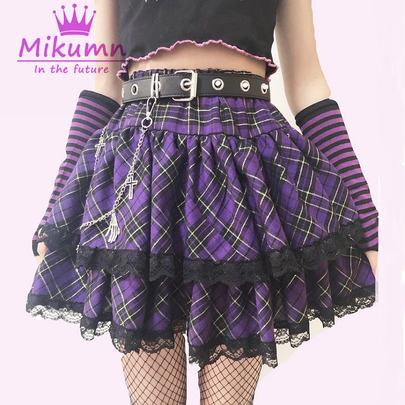 Japanese Harajuku Girls Purple Plaid Pleated Skirts Gothic Punk Sweet Lolita Cake Mini Skirt Ball Gown Women Kawaii Short Skirts