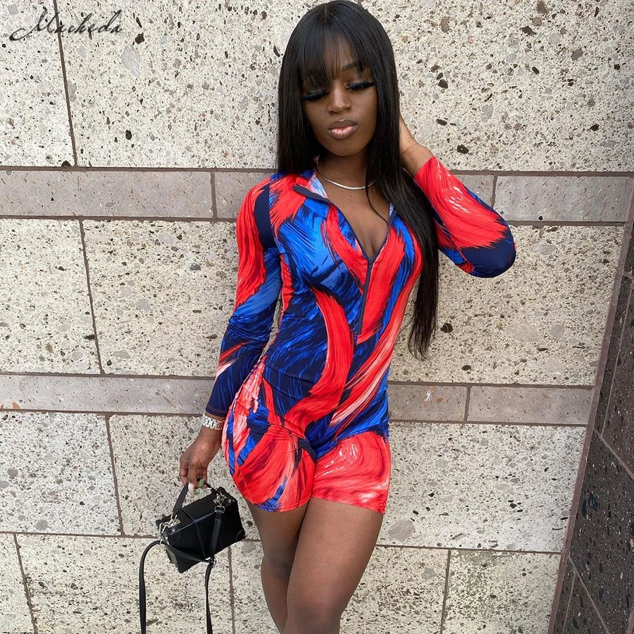 

Macheda Summer Sexy Printing Slim Rompers Women Fashion Zipper Collar Long Sleeve Clothing Lady Casual Playsuits 2021 New
