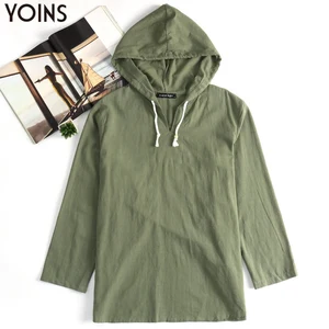 YOINS повседневная мужская рубашка с капюшоном и длинным рукавом, хлопковые однотонные винтажные рубашки, мужские уличные топы, camisa masculina, S-3XL, осень 2020
