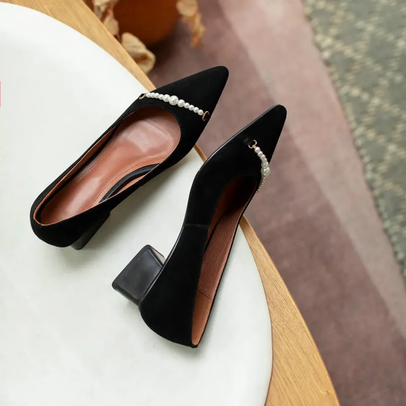 

Pearl Shoes for Women Pumps Newest Shallow Mouth Genuine Leather Thick Heels Pumps Spring Summer Working Shoes Woman