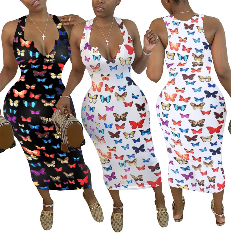 

Sexy Women Summer Pencil Dress Sleeveless V-Neck High Waist Butterfly Print Slim Hips Pullovers Long Dress