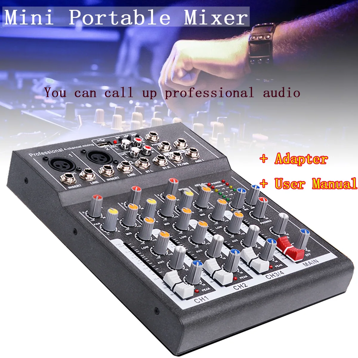 LEORY Karaoke Mixer Professional 4 Channel Studio Audio Mixing Console Amplifier Digital Mini Microphone Sound Mixer Sound Card
