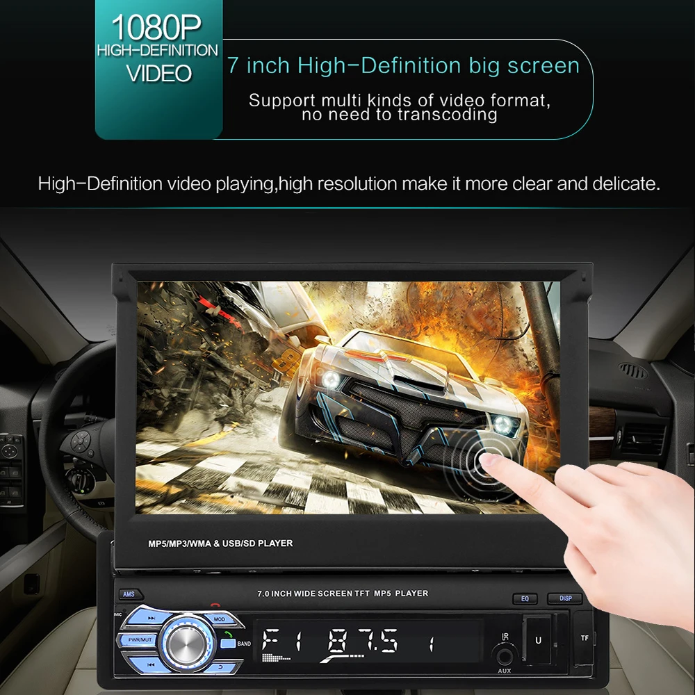 7 inch Bluetooth 1080P Auto Car MP5 Player 1DIN Retractable screen 21-key control FM/USB/AUX Rear view Touch Screen |