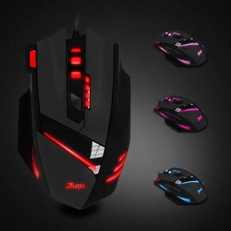 ZELOTES T-60 программируемая Проводная игровая мышь USB 7200 dpi 7 кнопок светодиодный оптическая компьютерная геймерская мышь для ноутбуков настольных ПК мыши