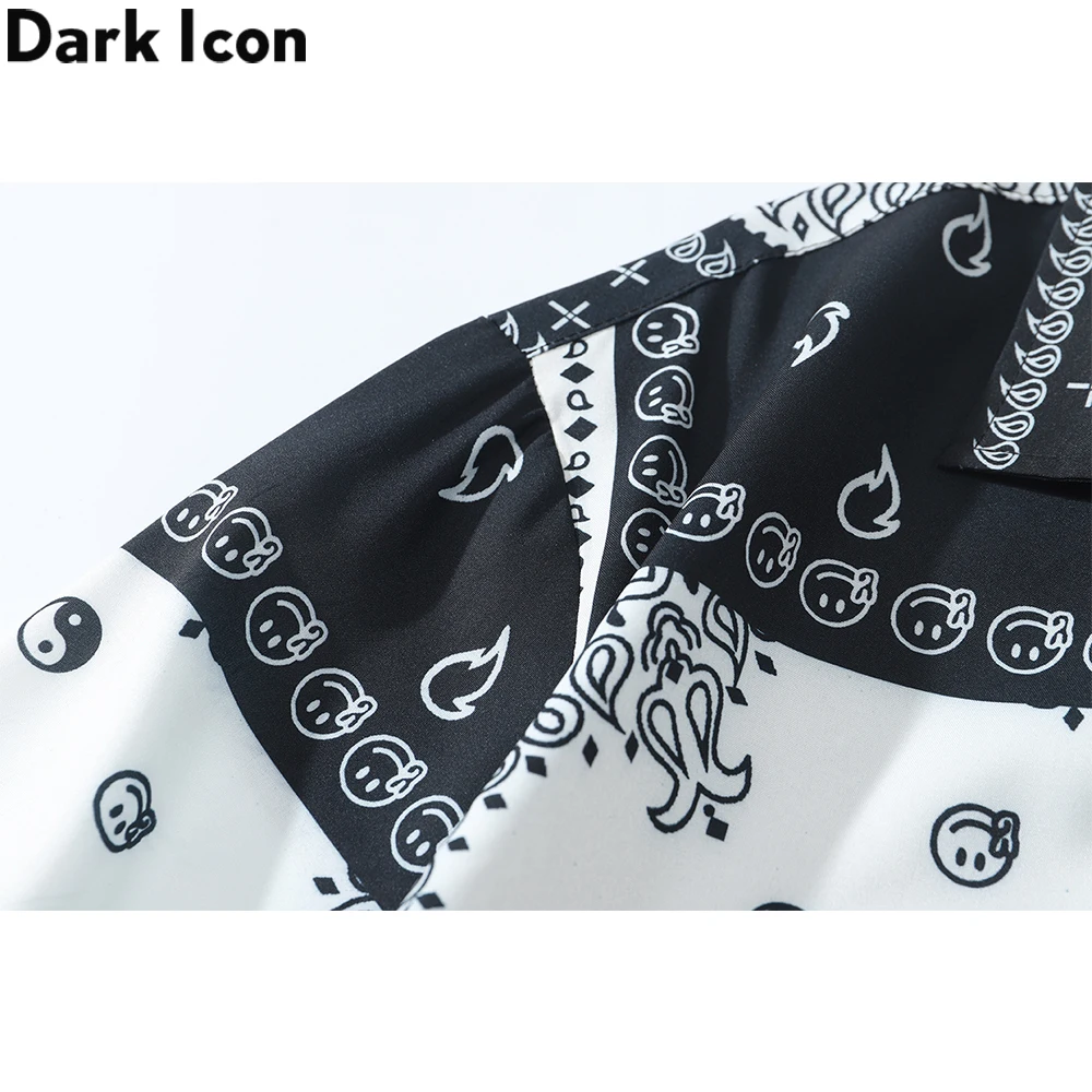 Dark Icon Black White Color Contrast Bandana Shirt Men Street Fashion Polo Shirt Hawaiian Shirts Man