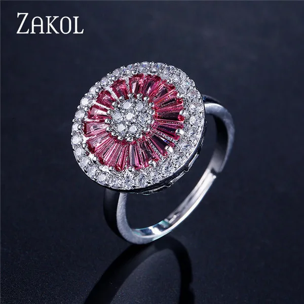 Red Ring ZAKOL высокое качество CZ Кристалл Женская мода ювелирные изделия блестящий круглый кубический циркон ожерелье серьги кольцо ювелирные изделия для невесты набор FSSP2013 - Окраска металла: Red Ring