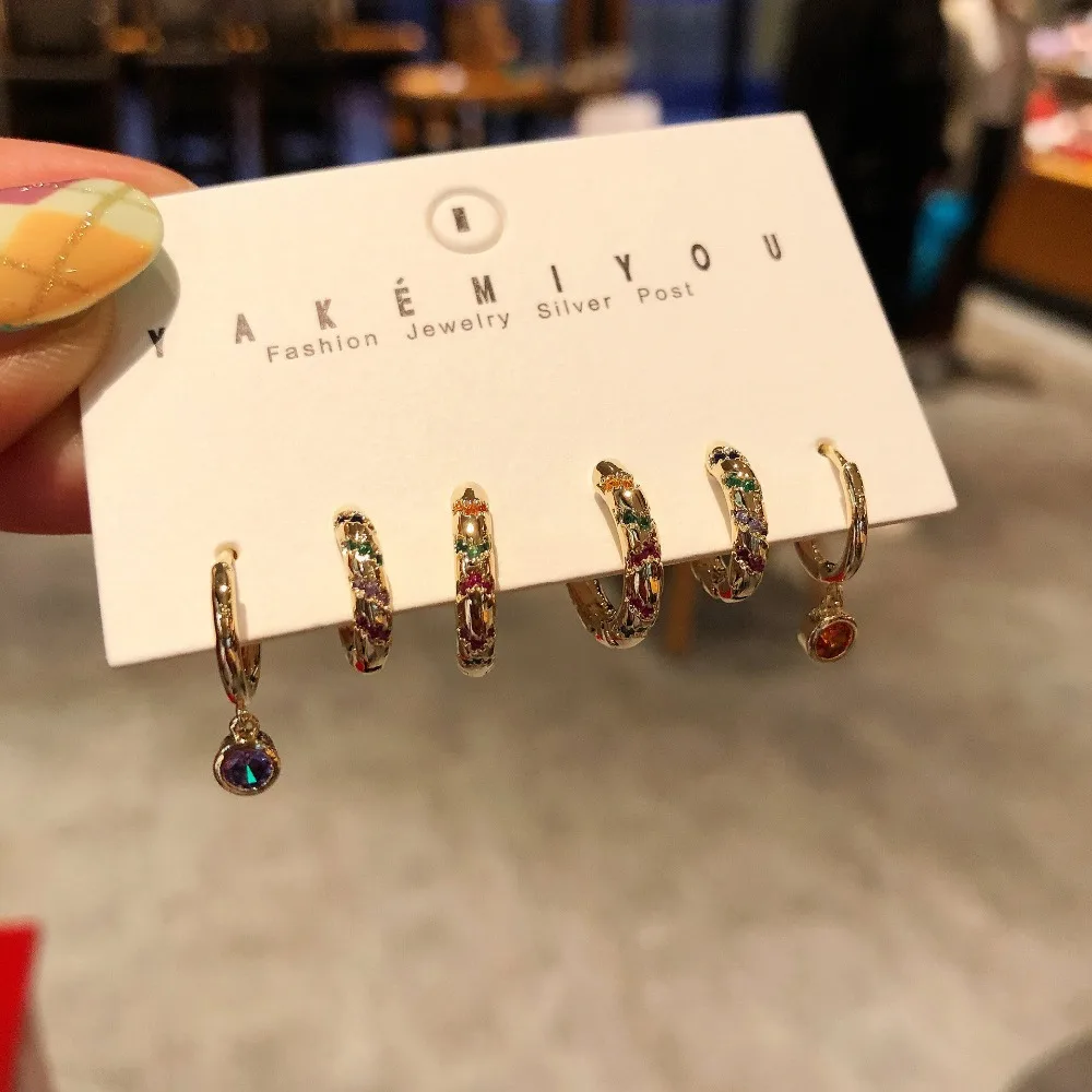 

New Fashion Colorful Zircon Circle Crystal Earrings 6Pcs/Set Personality Korean Pop Style Earrings For Charm Women 2021 Jewelry