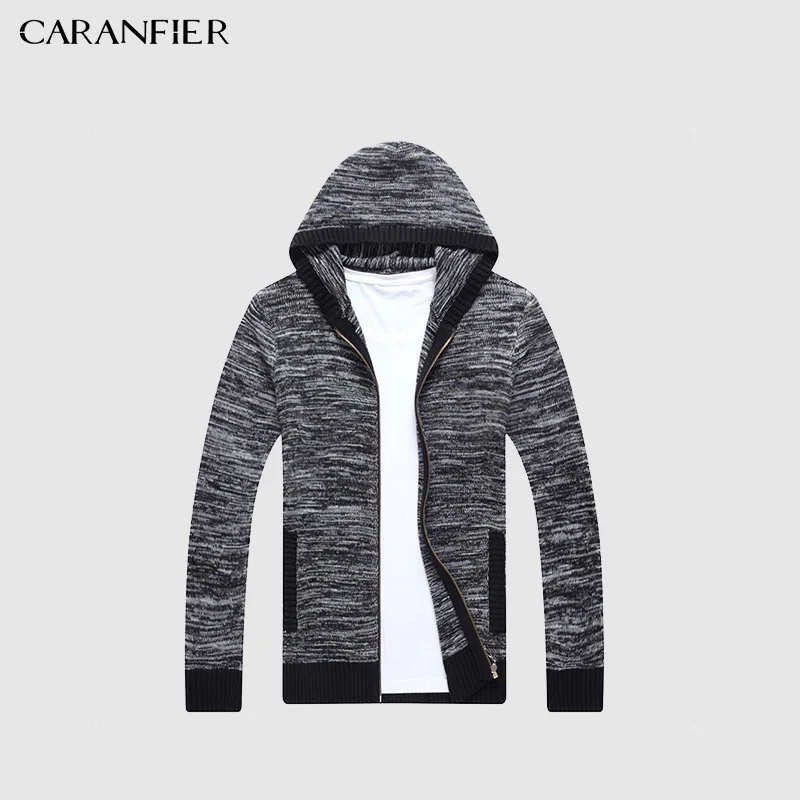 

Однотонный мужской кардиган CARANFIER, мужская одежда 2018, Модный пуловер, мужской зимний бархатный плотный свитер с капюшоном