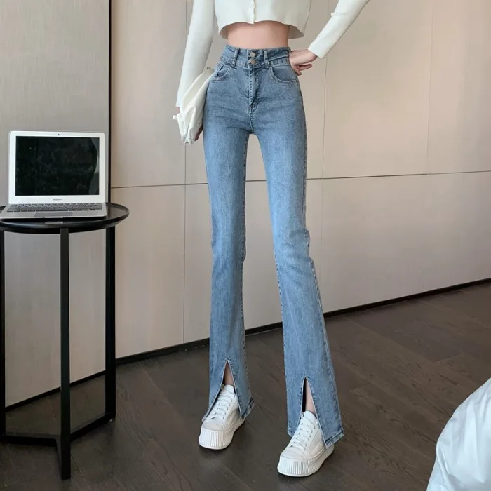 

Women's Fashionable Jeans Ins Split Wide Leg Pants High Waist Slimming Straight Stretch Spring Retro Flared Pants