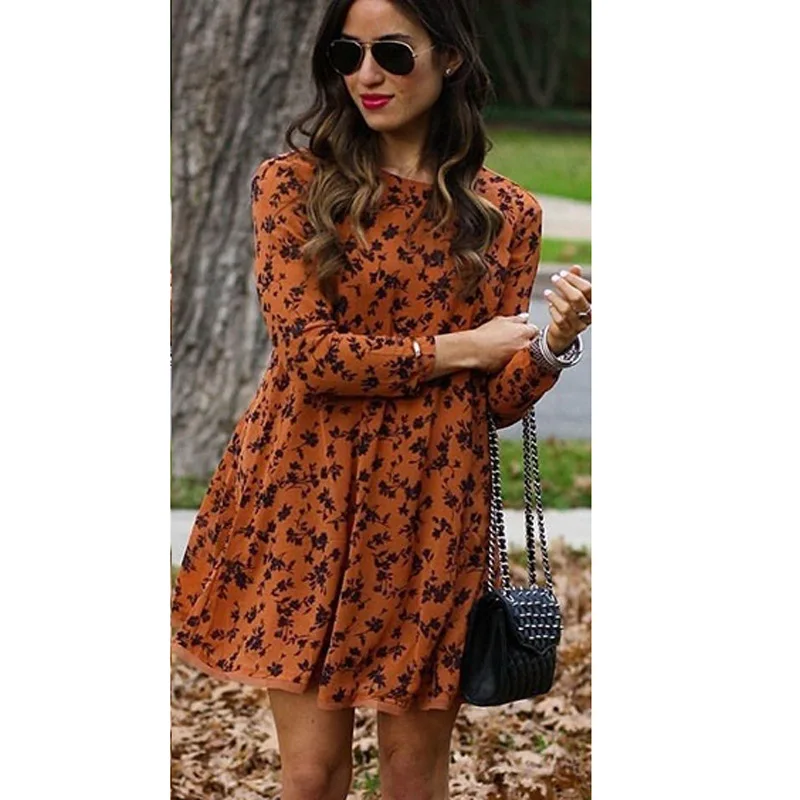 

New Women Dresses Summer 2021 Baggy Casual Beach Dress O-Neck Long Sleeve Floral Print Dresses 28-51