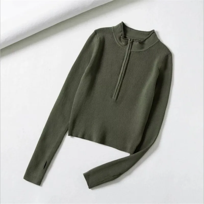 

Elegant High Neck Zipper Knitted Sweater Women Solid Pullover Spring Autumn Female Fashion Clothing Top Wool sweater One size