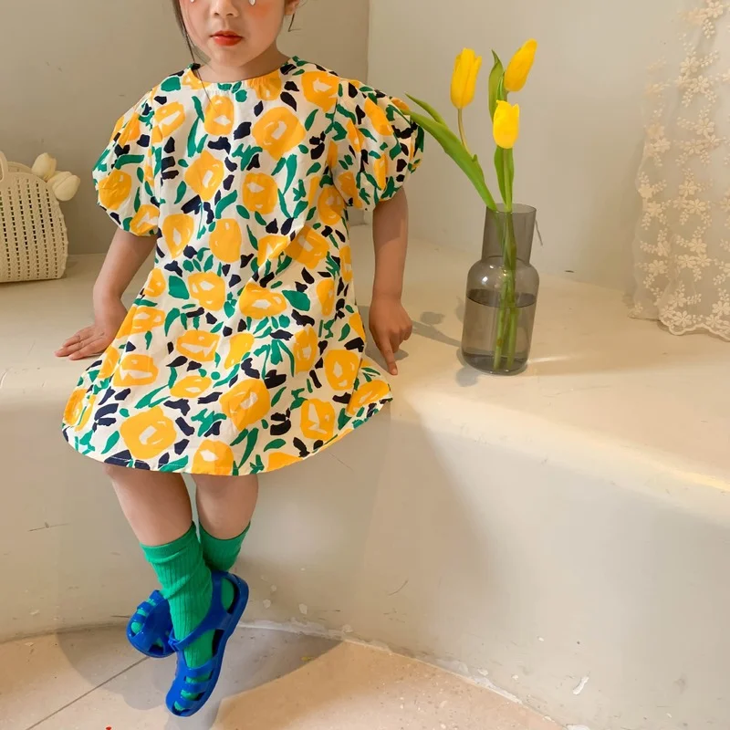 Детское Хлопковое платье с коротким рукавом и цветочным принтом | Детская одежда