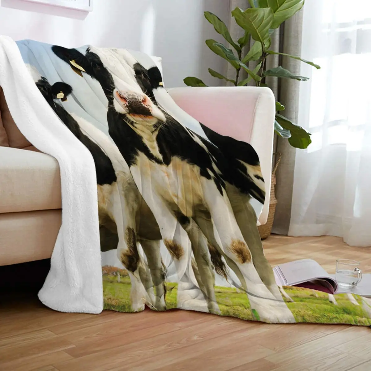 

Plush Fleece Throw Blanke Soft Warm Cozy Reversible Blanket for Bed Couch Sofa Chair Travel-Cow Rural Landscape
