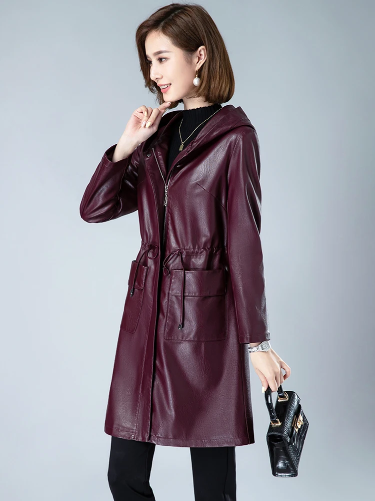 New Women Sheepskin Coat Spring Autumn 2022 Casual Fashion Solid Color Hooded Zipper Drawstring Slim Sheep Leather Trench Coat