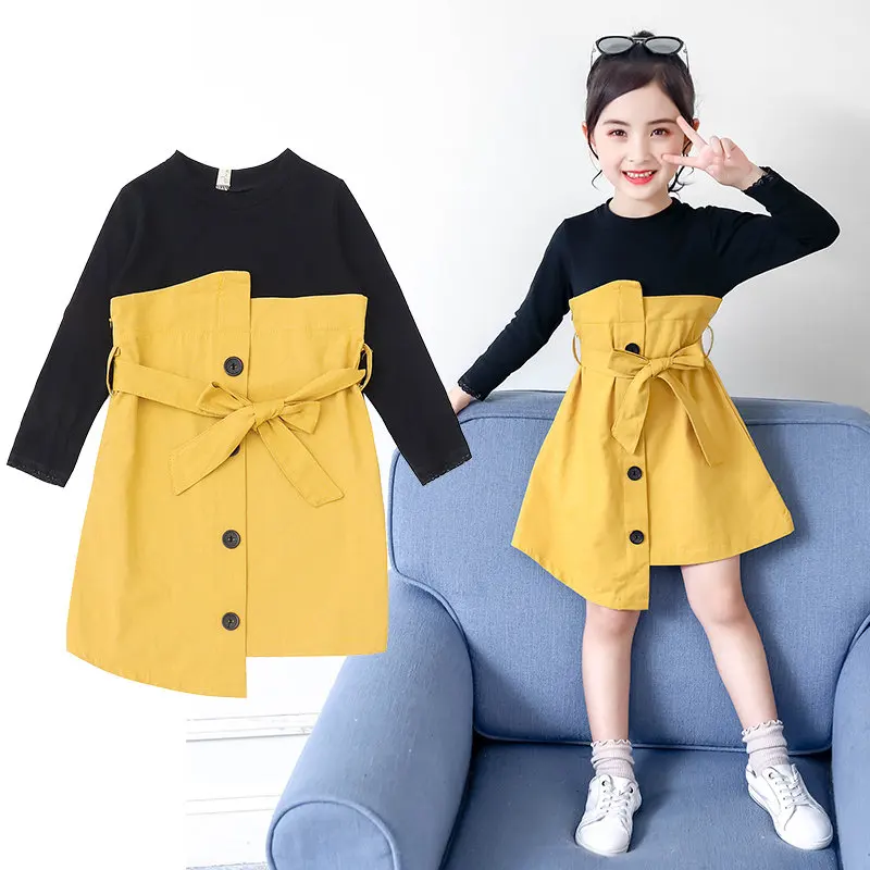 

Teenage Girl Patchwork Dresses Button Front 2021 Spring Fall Baby Girls Clothes Fashion Sweet Cotton Kids Long Sleeve Belt Dress