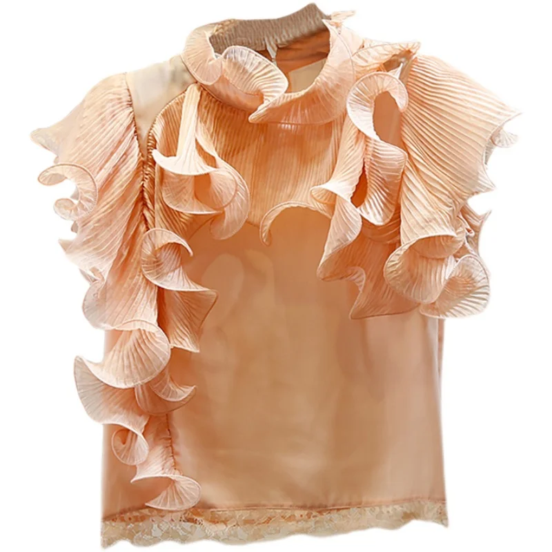 

Sleeveless Blouse Women Sweet Pleated Three-Dimensional Ruffled Lace Stand Collar Short Temperament Chiffon Shirt Lady Top Blusa