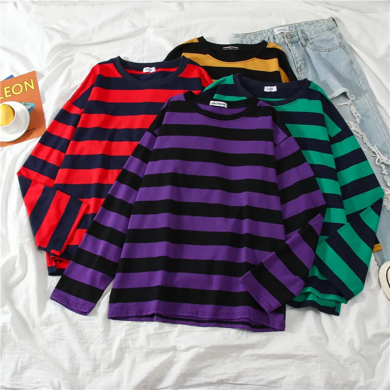 Fives colors Women Cotton Purple Striped Tops Slim Fit t shirt Harajuku Tshirt Summer Long Sleeve Korean Feminina Tops