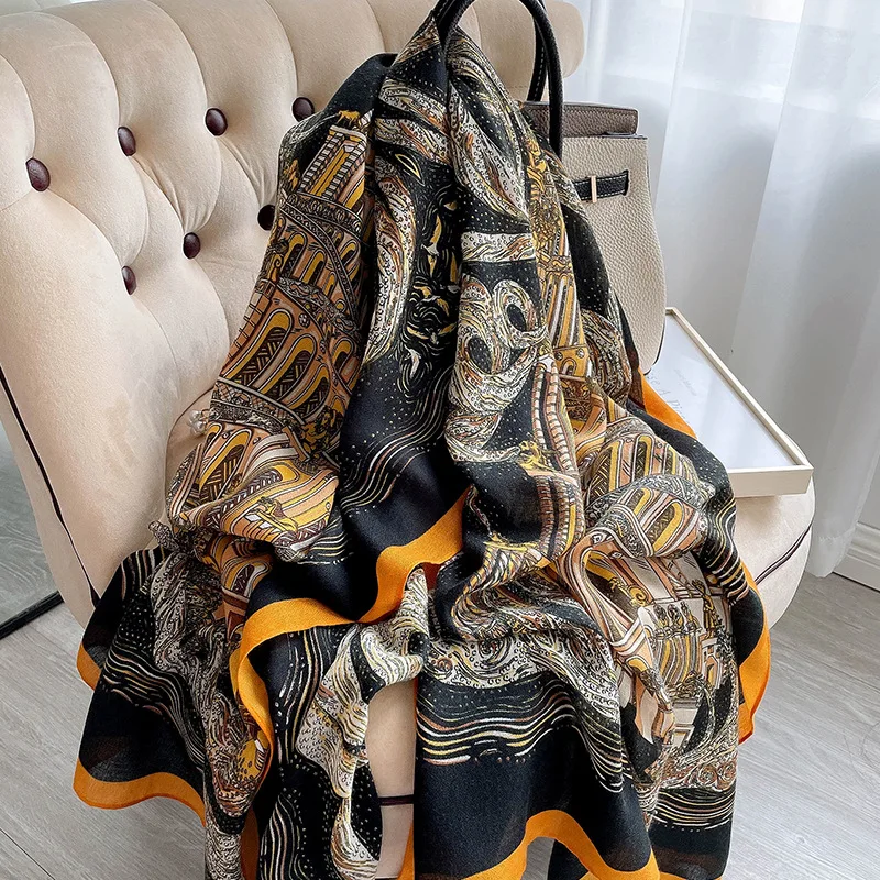 

2021 Popular Sunscreen Silk Scarves New Castle Print Beach Towel Fashion Cotton And Hemp Bandanna Luxury 180X90CM Winter Shawls