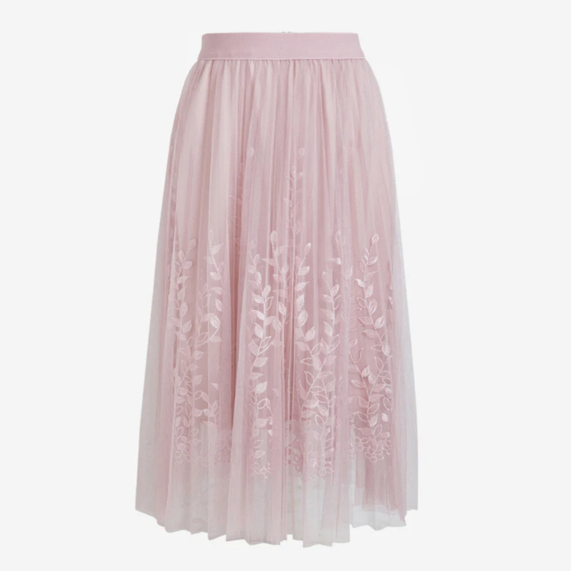 

Hot Sale Womens Mesh Skirts Fashion Long Pleated Embroidery Skirt Female Elastic High Waist Skirts Sweet