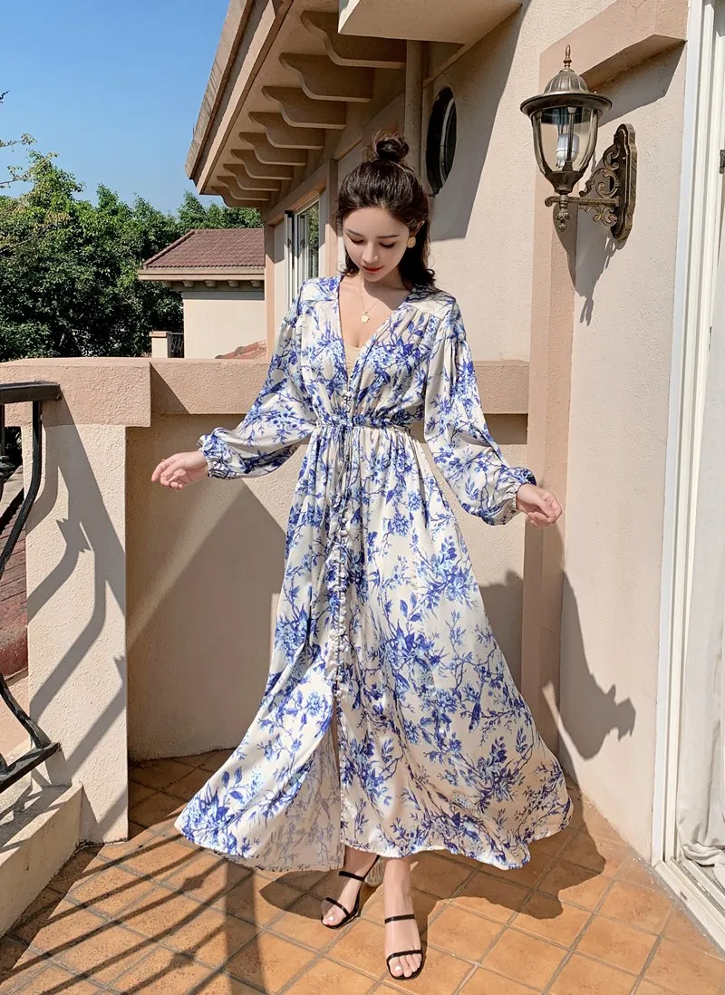 

Suofun Loose Lantern Sleeve Elegant Vintage Spring 2021 New V-Neck Women Blue Ink Painting Fashion Sweet Designer Long Dress