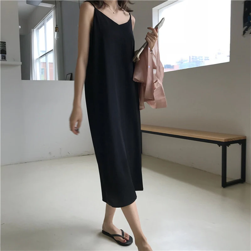 

Sexy Women Maxi Dress Loose Sleeveless Dresses V-neck Sling Long Black Party Dress