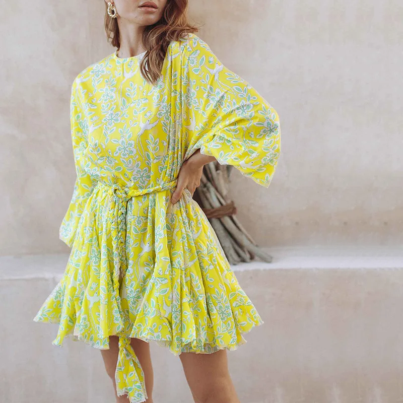 

Women Elegant Lantern Sleeve Party Dress 2021 Spring O-Neck Vintage Print Dress Summer Fashion Colorful Tie-Up Belt Loose Dress