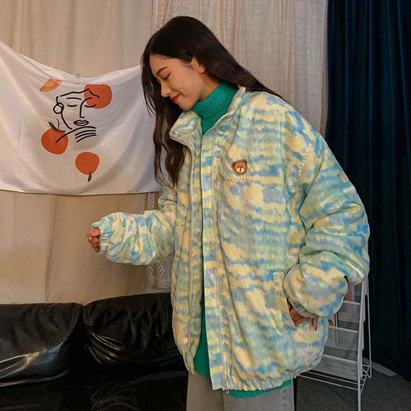 

Winter Woman Jacket Corduroy Cotton Outerwear Thick Coat Korean Tie-Dye Streetwear Warm Jackets Zipper Overcoat Loose