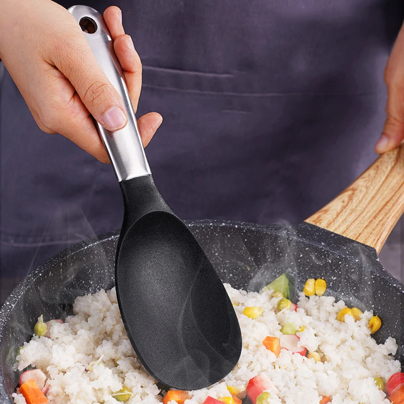 

High Quality Household Thickened Long-handled Silicone Serving Spoon Canteen Hotel Serving Rice Spoon Stainless Steel Rice Spoon