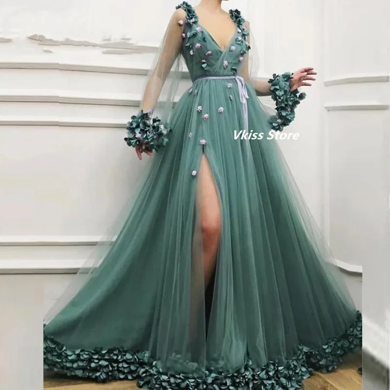 

Side Split Grass Green Prom Dresses V-Neck Long Lantern Sleeve Floor Length Flower Applique Sash Evening Gowns Robes De Soirée