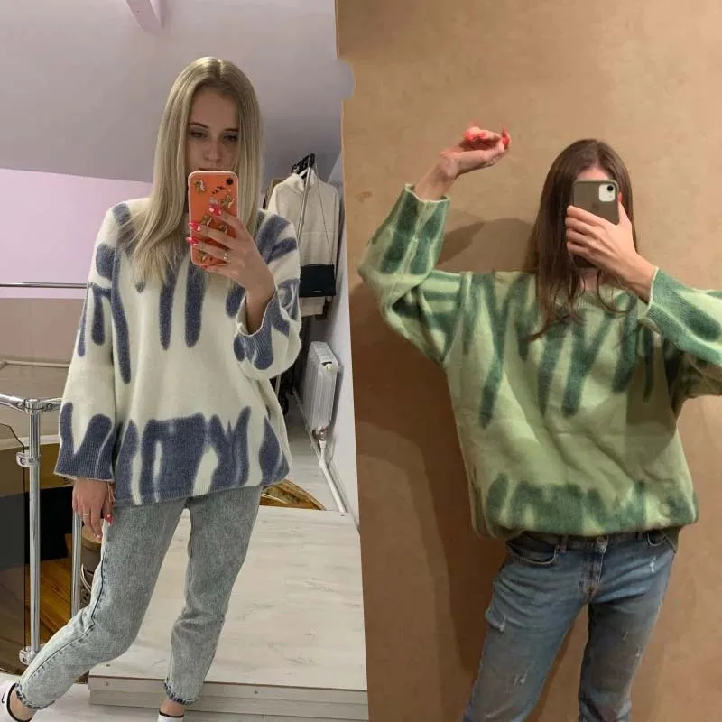 Элегантные пуловеры в зеленую полоску с принтом женские зимние свободные