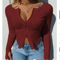 women t shirt spring autumn clothes ribbed knitted long sleeve crop tops zipper design tee sexy female slim black white tops
