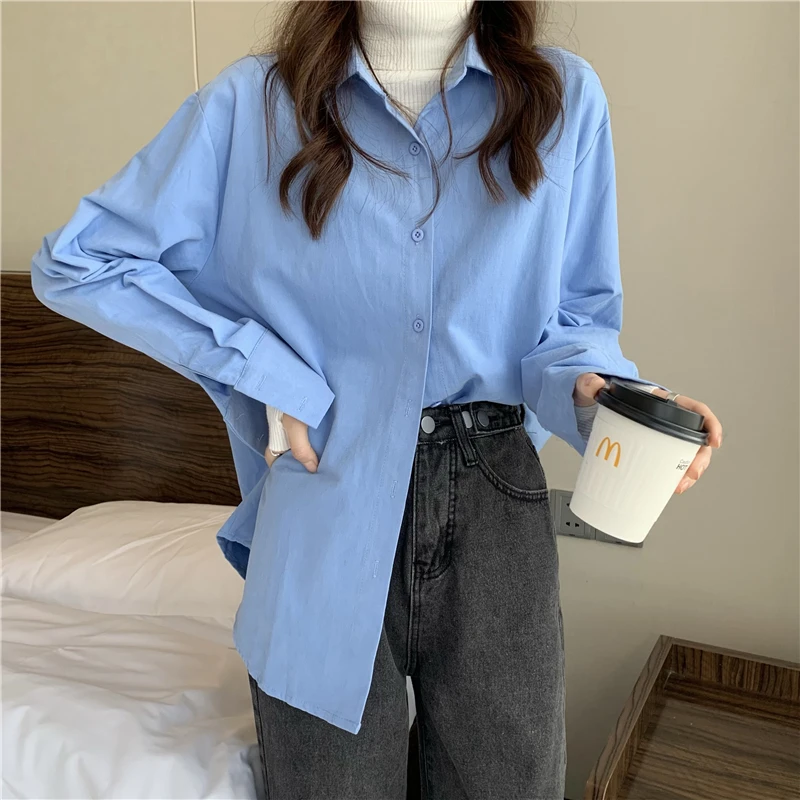 

2022 Spring Autumn Women New Loose Oversized Blouses Female Solid Color Casual Shirts Ladies Long Sleeve Buttons Shirts F57