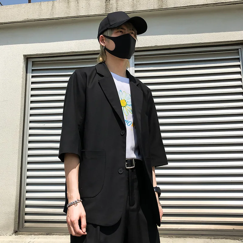

Men Casual Blazers Suit Jacket Male Women Japan Korea Streetwear Retro Fashion Loose Half Sleeve Suit Coat Outerwear