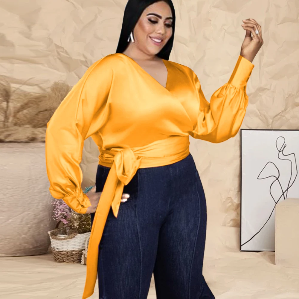 

Plus Size Blouse Casual Sexy V Neck Long Sleeve Waist Blet Tunics Peplum Blouses Spring Autumn Big Size 3XL Tops Women 2021