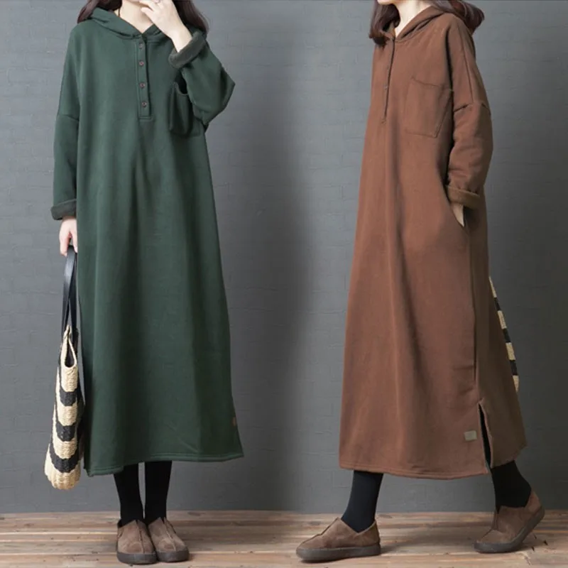 

Long Hooded Dress Women Autumn and Winter clothes 2022 New Korean Large Size Loose dress Fashion Plush dresses Robe